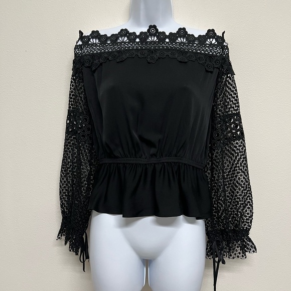 Self Portrait Womens Black Silk Blend Floral Lace Off The Shoulder Blouse US 6 - Picture 3 of 10